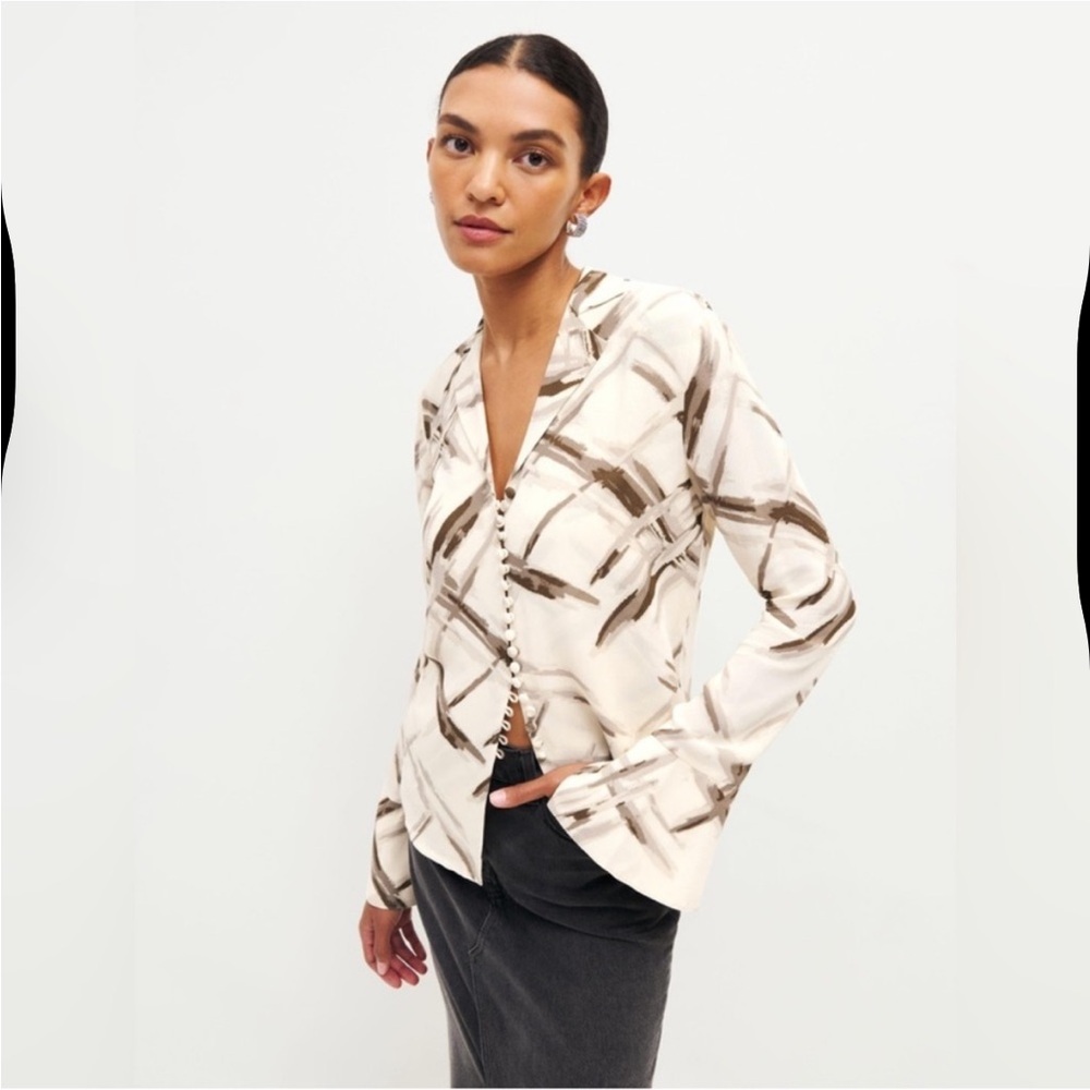 Reformation Cream and Brown Button Down Shirt